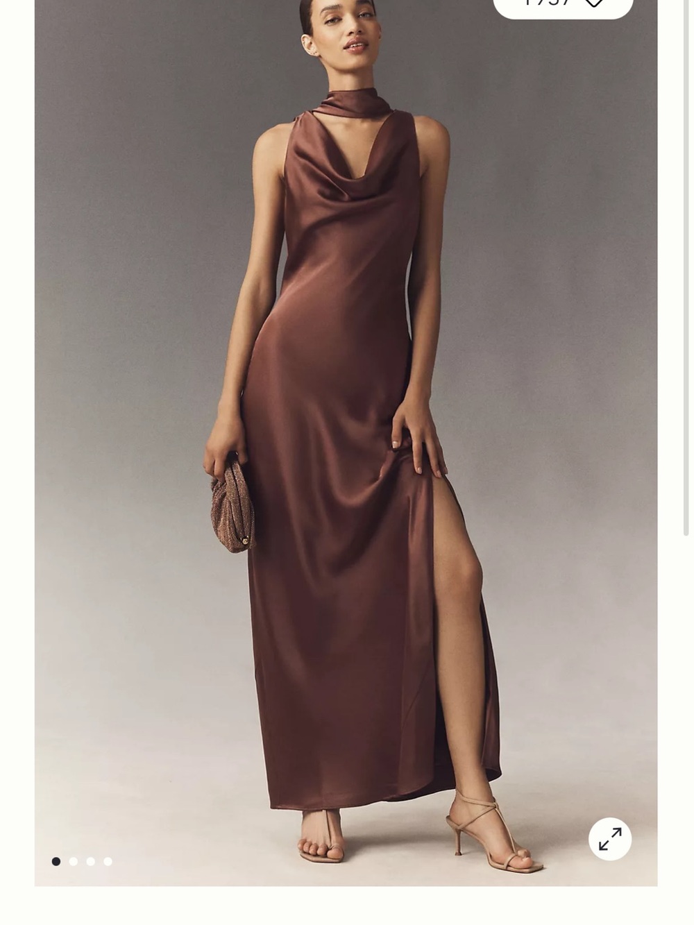 BHLDN Brown Satin Cowl Neck Maxi Dress with Scarf Detail